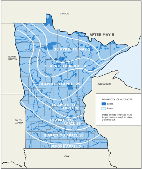 Map of Minnesota with shades of blue and white lines to show ice out dates by area