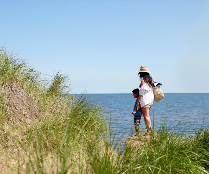 Woman and child on the Lake Superior shoreline